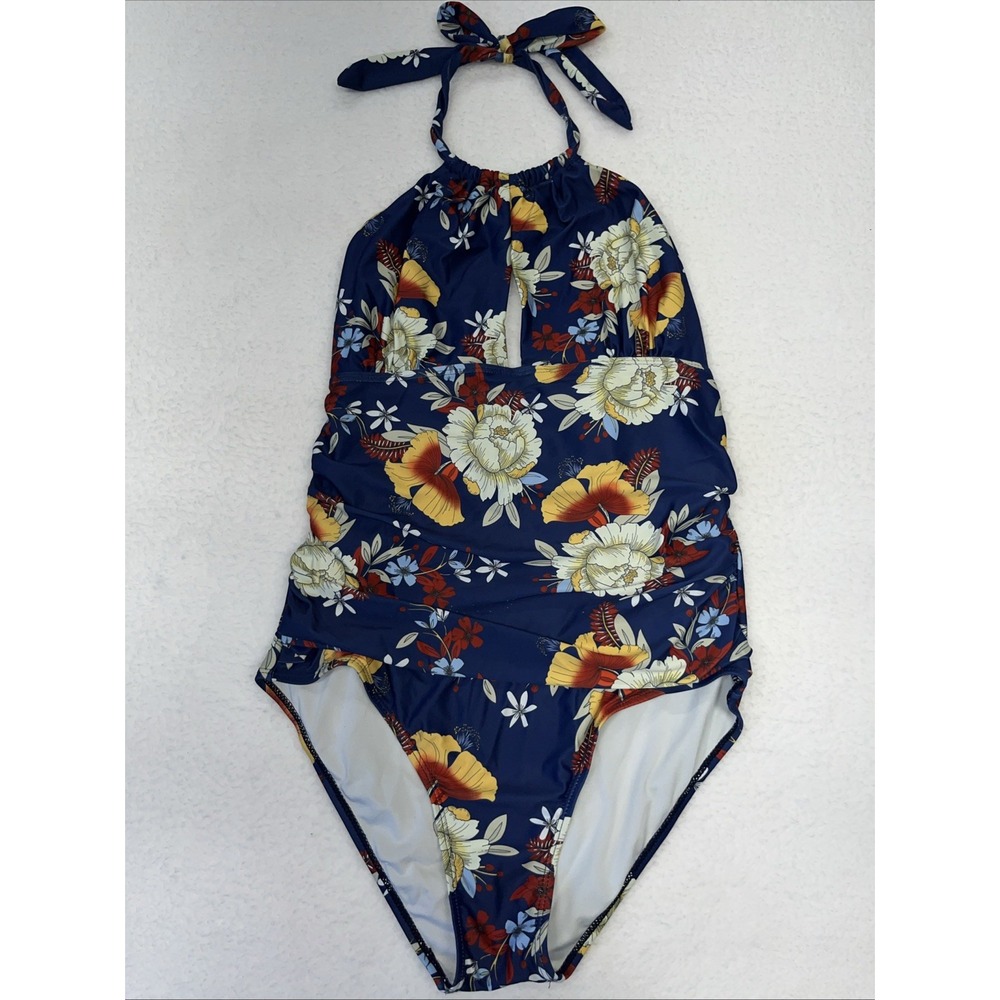 Eomenie‎ Women's One Piece Swimsuit Tummy Control Blue Floral Print Size XL